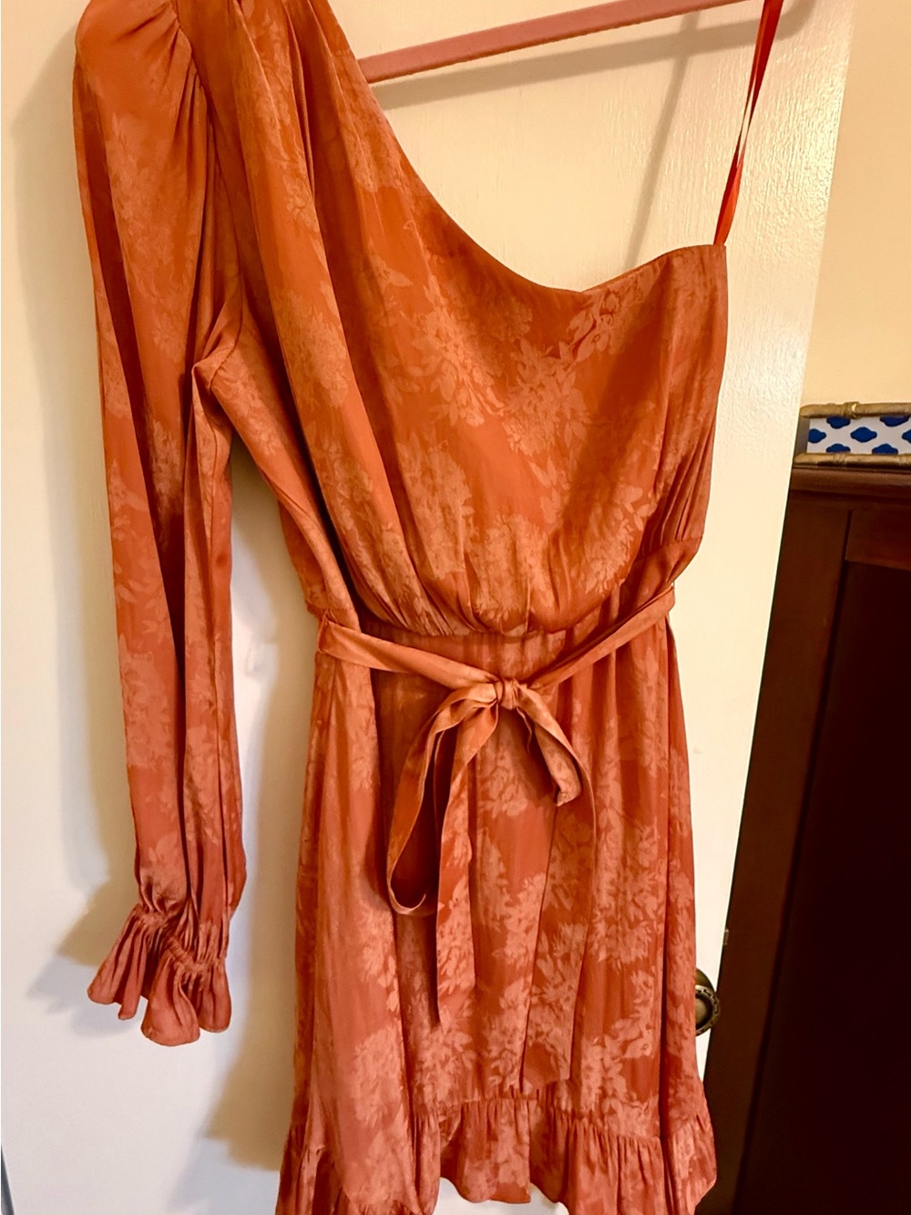 BCBGMaxAzria One-Shoulder Rust Floral Satin Dress with Tie Waist